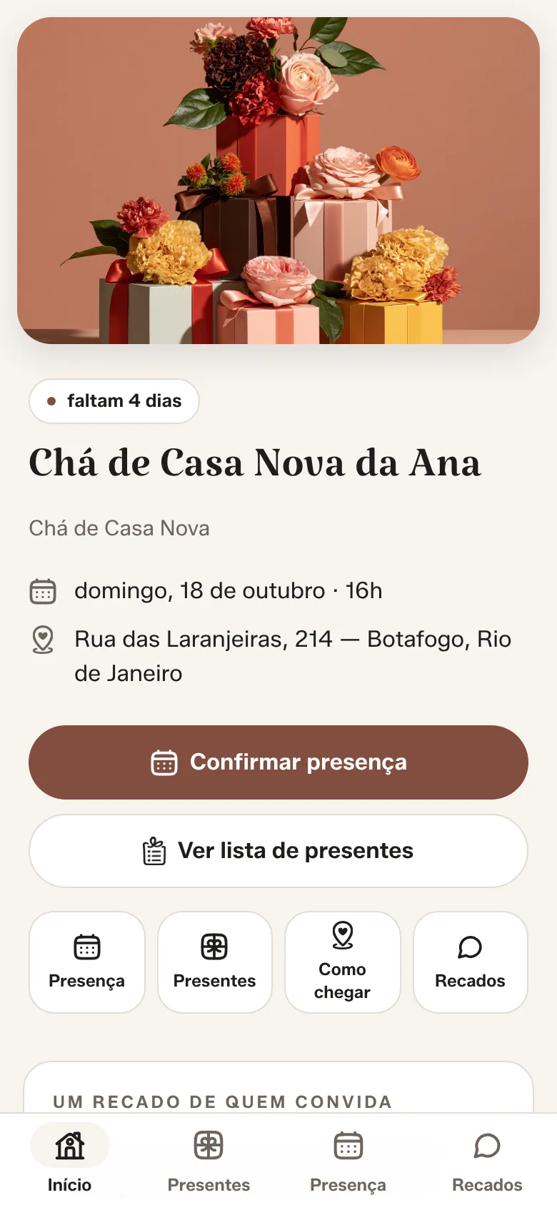 Página de exemplo no layout App do Evento: foto, título, botões de presença e lista, atalhos e barra de abas no rodapé