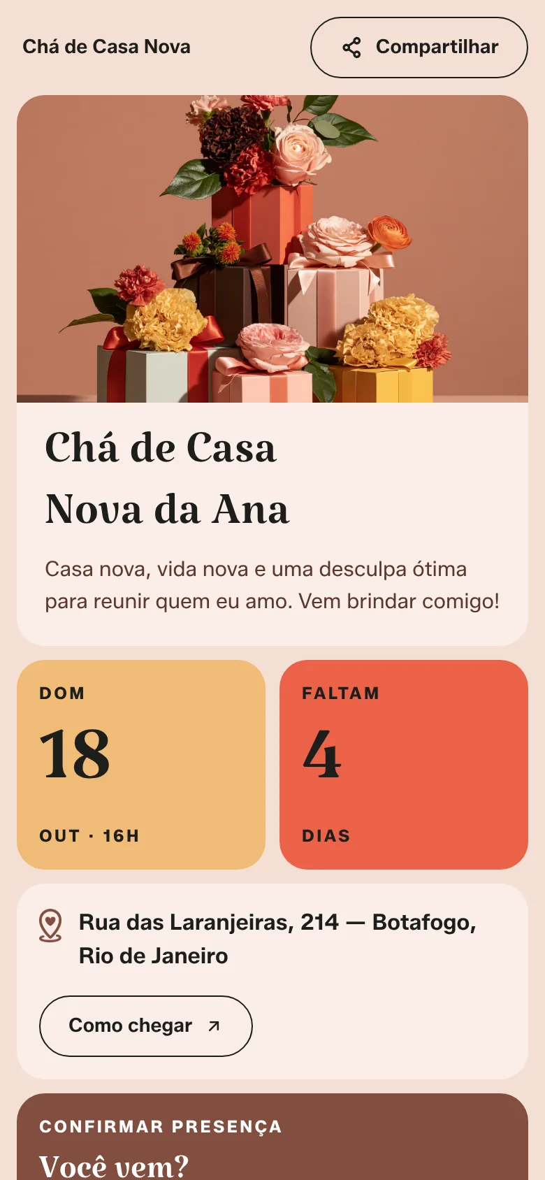 Página de exemplo no layout Bento Festa: foto, título e blocos coloridos com o dia da festa, a contagem de dias e o endereço