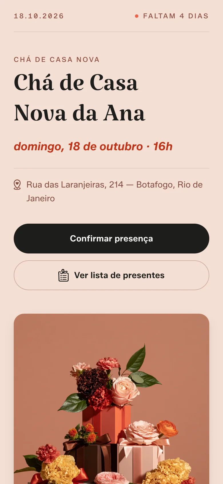 Página de exemplo no layout Editorial Névoa: data no topo, título grande, endereço e os botões Confirmar presença e Ver lista de presentes