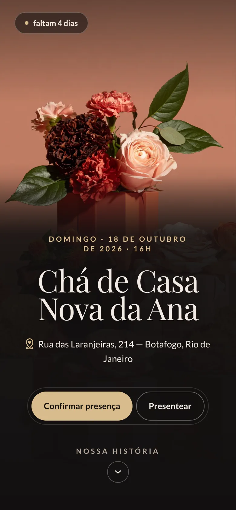 Página de exemplo no layout Noturno Imersivo: foto de presentes e flores em tela cheia, o título Chá de Casa Nova da Ana em letras grandes e os botões Confirmar presença e Presentear