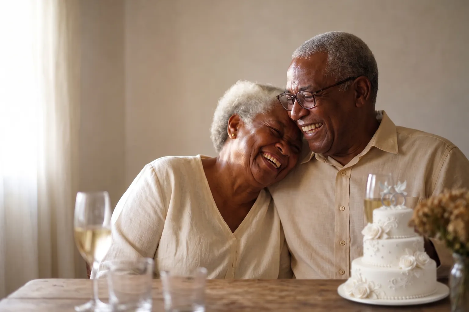 Casal comemorando as bodas em casa, rindo abraçado ao lado do bolo
